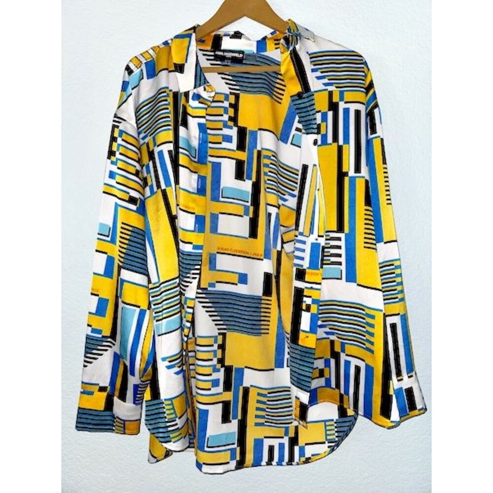 Karl Lagerfeld Paris Geometric Print Blouse Shirt Women's Long Sleeve Sz L NWT